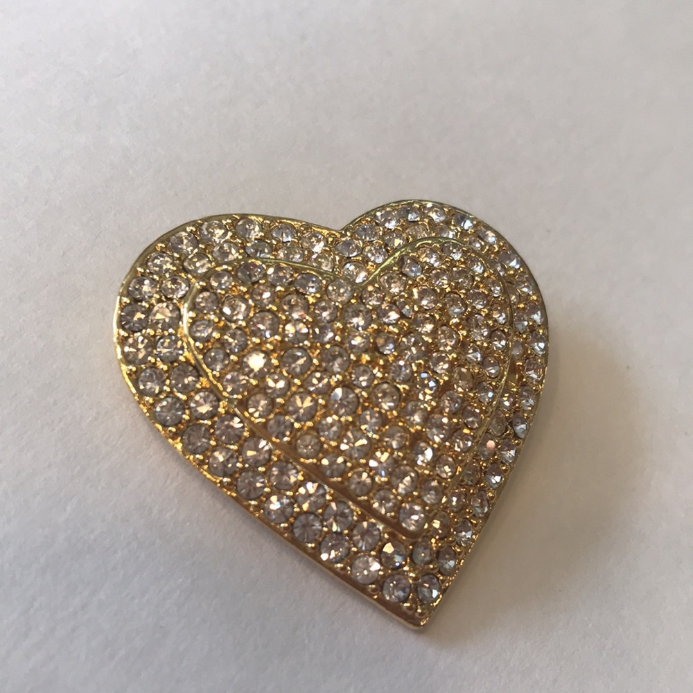 Vintage Joan Rivers Gold & Rhinestone Heart Brooch - Picture 3 of 12
